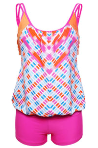 Printed Layered-Style Rosy Tankini with Swim Trunks