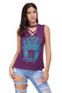 Purple Crisscross V Neck Printed Sleeveless Choker Tank Tops