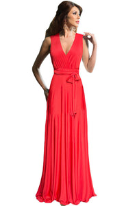 Red Belted Cross Back Maxi Party Dress