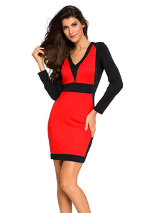 Red Black Color Block Long Sleeve Midi Dress
