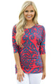 Red Blue Damask Print Half Sleeve Top