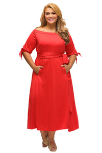 Red Chambray Off the Shoulder Belted Curvy Dress