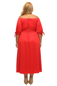 Red Chambray Off the Shoulder Belted Curvy Dress