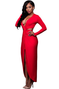 Red Cut Out Drape Slit Long Sleeve Maxi Dress