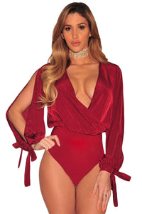 Red Faux Wrap Cut Out Sleeves Bodysuit