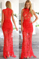 Red Floral Lace Hollow Maxi Evening Dress