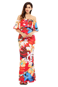 Red Floral Print Off Shoulder Maxi Boho Dress