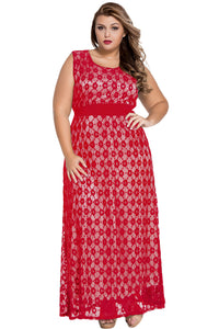 Red Flowery Lace Overlay Belted Curvy Maxi Dress
