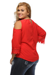 Red Gauze Crochet Trim Cold Shoulder Top