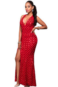 Red Gold Diamond Sequins Key-hole Back Slit Gown