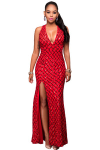 Red Gold Diamond Sequins Key-hole Back Slit Gown