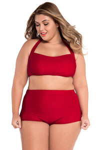 Red Halter Bandeau High Waist Plus Size Swimwear