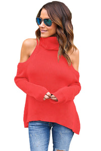 Red High Neck Cold Shoulder Ribbed Knit Top