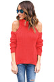 Red High Neck Cold Shoulder Ribbed Knit Top