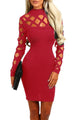 Red Hollow-out Long Sleeve Mock Neck Bodycon Dress