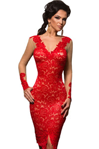 Red Lace Applique Nude Illusion Long Sleeve Dress