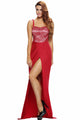 Red Lace Bustier Top Split Maxi Party Dress