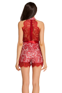 Red Lace Nude Illusion Stylish Romper