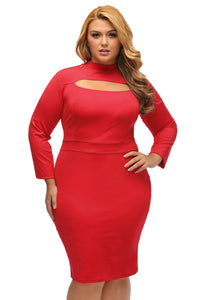 Red Long Sleeve Keyhole Bodycon Plus Size Dress