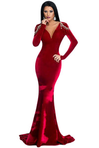 Red Long Sleeve Velvet Evening Gown