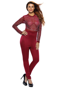 Red Long Sleeves Rhinestone Mesh Bodice Formfitting Jumpsuit