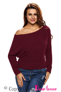Red Off Shoulder Lightweight Chunky Sweater