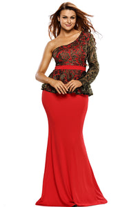 Red One Shoulder Gold Floral Lace Peplum Top Long Skirt Formal Dress