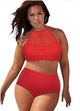 Red Patterned Mesh Insert Plus Size Swimwear