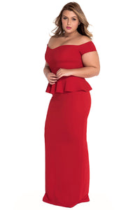 Red Peplum Maxi Dress With Drop Shoulder