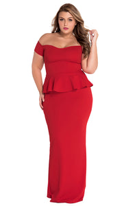 Red Peplum Maxi Dress With Drop Shoulder