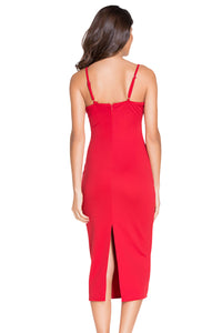 Red Plunging V Neck Midi Dress
