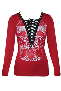 Red Printed Lace Up V Neck Long Sleeve Shirt