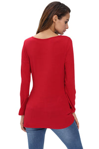 Red V-Neck Asymmetrical Long Sleeve Pure Color T Shirt