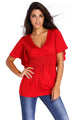 Red V-Neck Short Batwing Sleeve High Elastic Waist Blouse