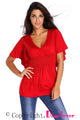 Red V-Neck Short Batwing Sleeve High Elastic Waist Blouse