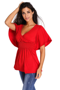 Red V-Neck Short Batwing Sleeve High Elastic Waist Blouse