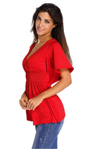 Red V-Neck Short Batwing Sleeve High Elastic Waist Blouse