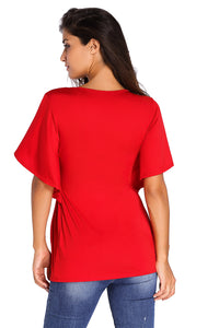 Red V-Neck Short Batwing Sleeve High Elastic Waist Blouse