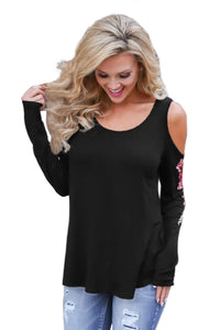 Rose Embroidered Long Sleeve Black Cold Shoulder Top