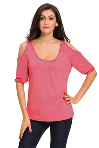 Rosy Scoop Neck Cold Shoulder Oversize Top