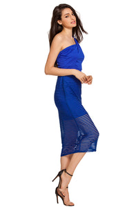 Royal Blue Single Shoulder Sheer Striped Midi Dress