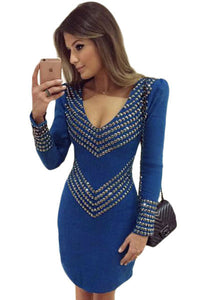 Royal Blue Studded Long Sleeve Mini Dress