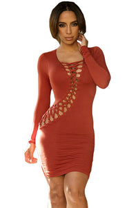 Rust Asymmetric Thick Lace Up Sleeved Bodycon Dress