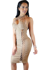 Sassy Nude Suede Caged Design Dress