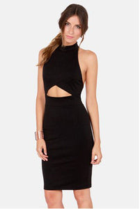 Seductress Bodycon Halter Midi Dress with Cut-out in Black