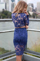 Sexy 2pcs Blue Flower Lace Long Sleeves Skirt Set