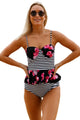 Sexy 2pcs Floral Print Striped Flounce Tankini Swimsuit