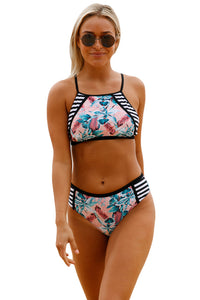 Sexy 2pcs Floral Strappy High Neck Bathing Suit