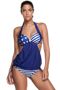 Sexy 2pcs Navy Splice Stripes&Stars Halter Tankini Swimsuit