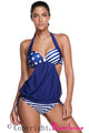 Sexy 2pcs Navy Splice Stripes&Stars Halter Tankini Swimsuit